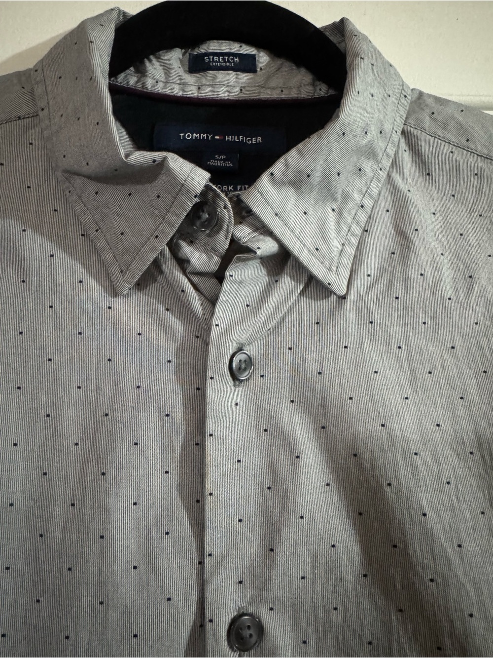 Tommy Hilfiger Light Gray Button-Up Shirt with Navy Micro-Dots